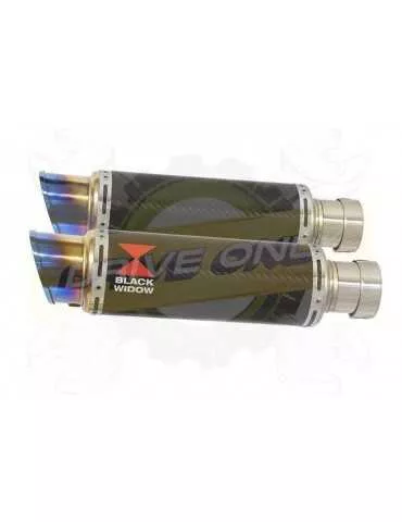 Twin 230mm Round GP Style Carbon Fibre Slip On Silencers with Stainless Steel Blue Tip