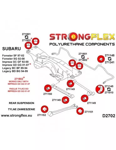  Silent block Polyuréthane SPORT barre transversale Arrière Subaru Impreza GD GG 01-07
